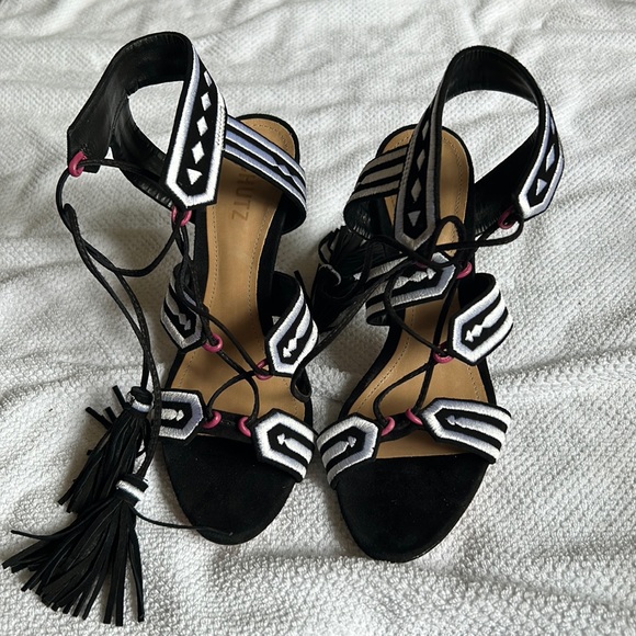 SCHUTZ Shoes - Black Suede Lace up Schutz Heels w/ Pink, White, & Fringe Detail (Size 8.5)